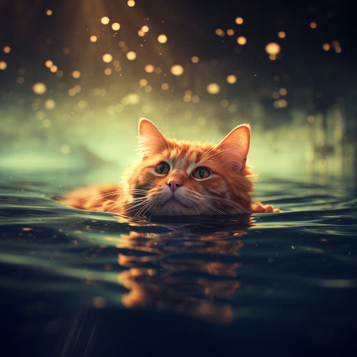 Ginger cat swimming in a lake by the shore
