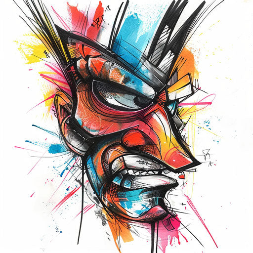 Expressionist tattoo sketch with bold strokes and vibrant splashes