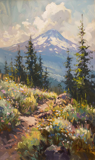 Baroque oil painting, Mount Hood, Oregon, calming colors, 3:5