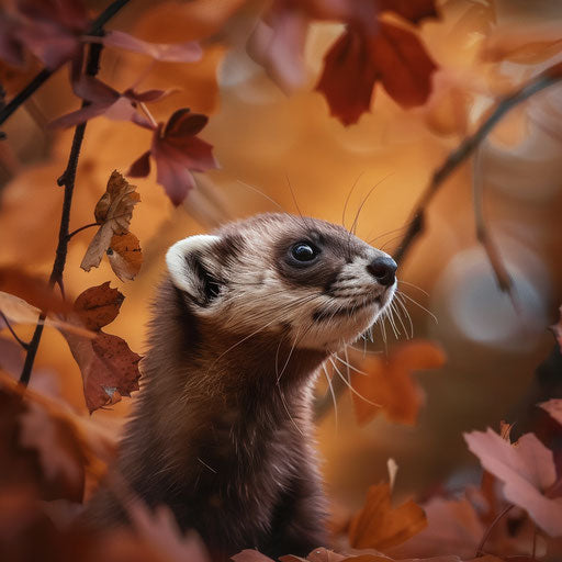 A black-footed ferret pausing to sniff the air among autumn leaves