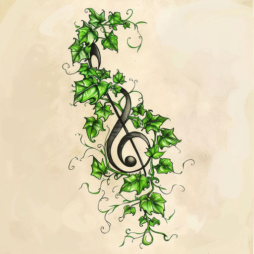 Naturalistic tattoo sketch of a treble clef entwined with climbing ivy, clipart style