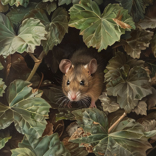 Brown rat under a canopy of leaves, in the style of Marsel van Oosten