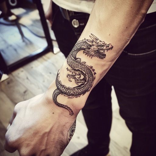 Men's Wrist Tattoo with Detailed Dragon, Adrian Smith Style