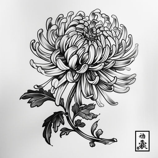 Blackwork tattoo design of a chrysanthemum on white