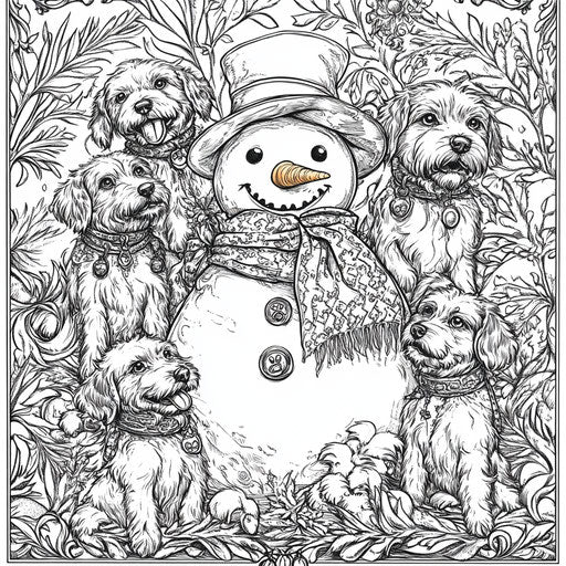 Snowman surrounded by playful puppies, in the style of Mindy Sommers, coloring book page