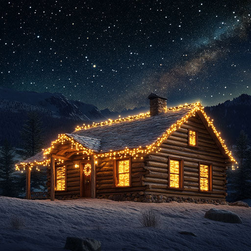Wooden cabin adorned with Christmas lights under starry sky