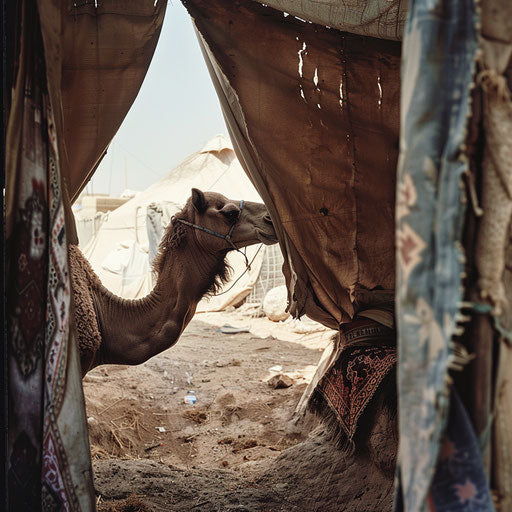 A camel framed by the open door of a Bedouin tent