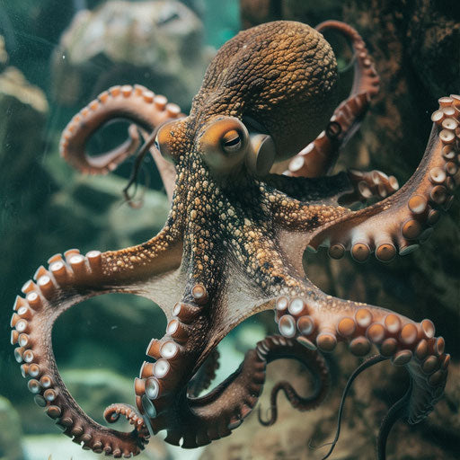 Curious octopus in aquarium pressing tentacles against glass