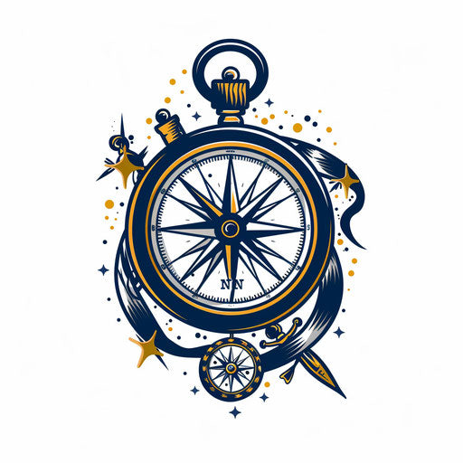 Flat traditional tattoo sketch of a nautical compass with time motifs in navy blue and gold