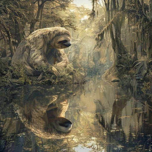 Giant sloth by tranquil river with reflections