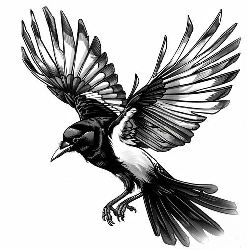 Dynamic flat tattoo sketch of a magpie swooping down with extended wings
