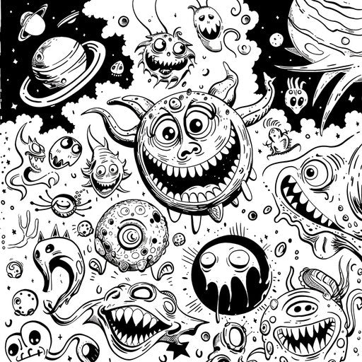 Humorous planets with funny creatures - Andy Marlette coloring book page