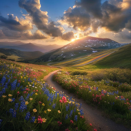 Alpine meadows and spring wildflowers along Trail Ridge Road, Max Rive style