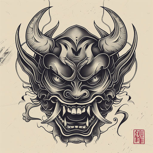 Bold tattoo sketch of a Hannya mask with sharp horns and intense eyes