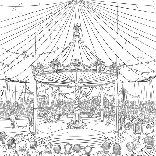 Lively circus, performers and enthusiastic crowd. Coloring page