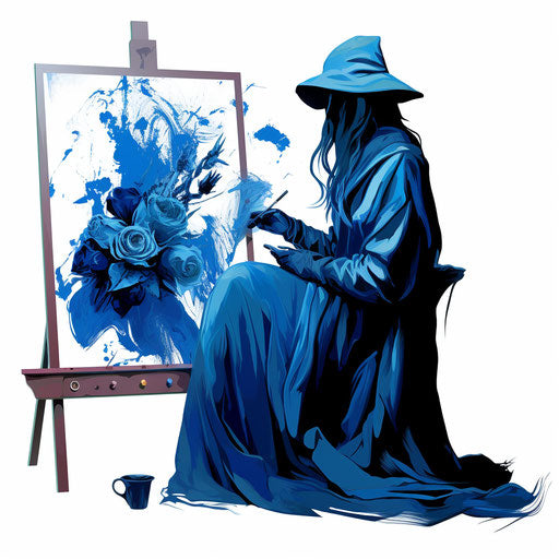 Blue image in the style of chiaroscuro art, on white background