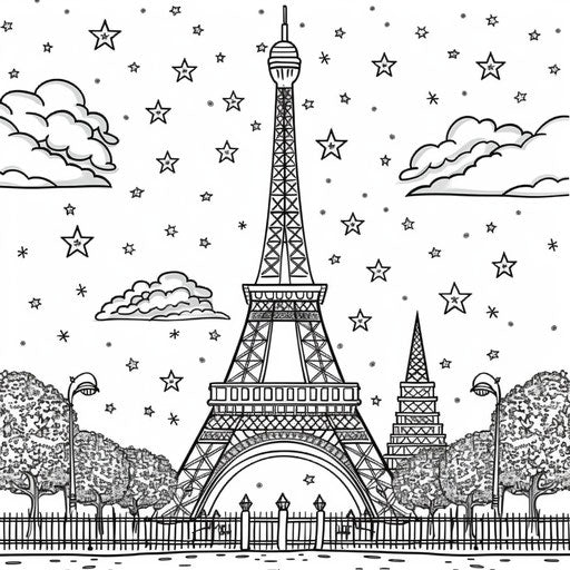 Eiffel Tower at night under starry sky. Coloring book page