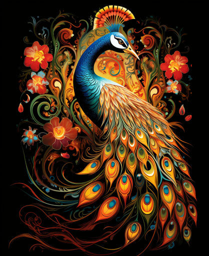 Peafowl bird with long tail in oriental design, manticore style