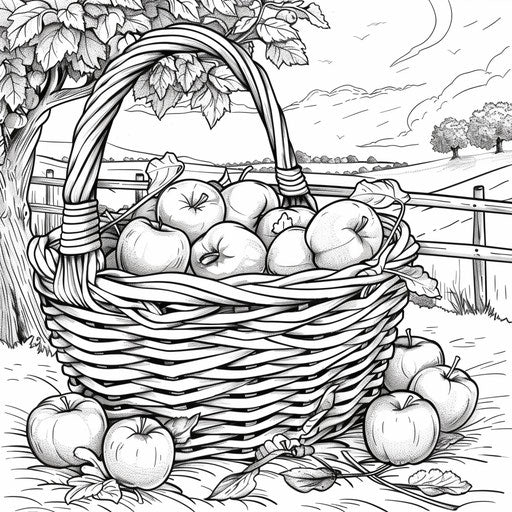 Basket of apples with rustic countryside background. Coloring book page