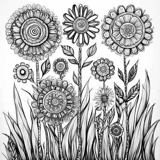 Grass with intricate mandala designs in the style of Johanna Basford coloring book