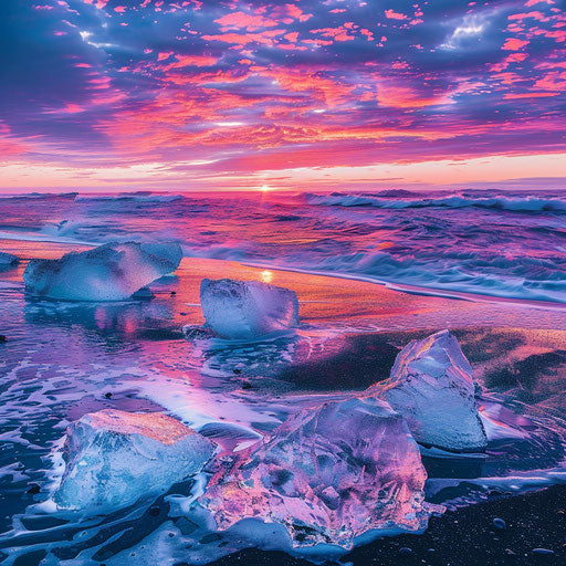 Icebergs on Diamond Beach, Iceland with vibrant sunrise colors