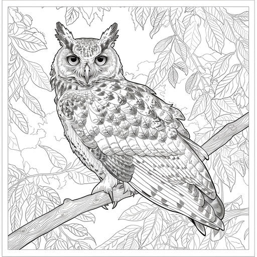 Majestic owl on a tree branch. Coloring book page