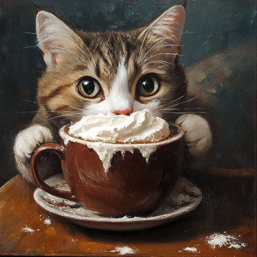 A cat sneakily drinking hot cocoa on a coffee table