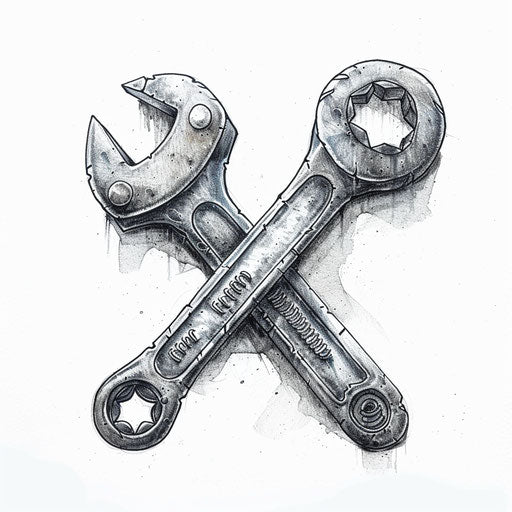 Industrial-style mechanical tattoo design of wrench and screw, realistic textures