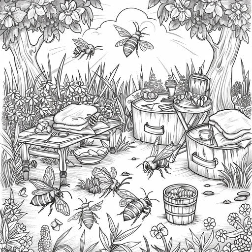Playful scene of bees having a picnic in a meadow. Coloring book page