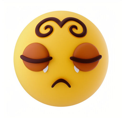 Yellow emoticon with dark eyes and black nose on white background