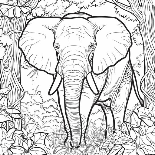 Elephant in jungle with vines and trees. Coloring book page
