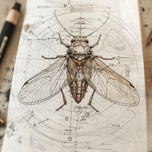 Elegant tattoo sketch of a cicada with intricate line work, clipart style