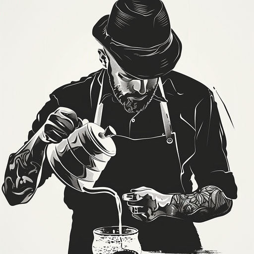 Contemporary tattoo sketch of a barista pouring coffee
