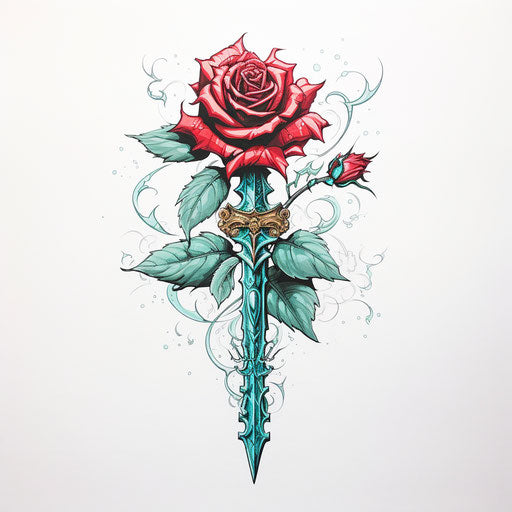 Rose and dagger with green leaves, red and aquamarine style, powerful symbolism