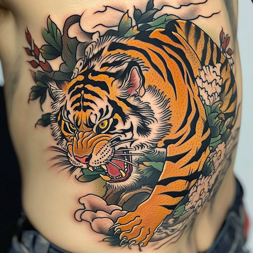 Japanese tiger in tattoo with dynamic pose and striking colors
