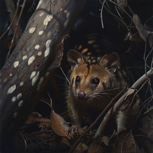 Glowing eyes of a tiger quoll at twilight, mysterious presence in the shadowy underbrush of the forest