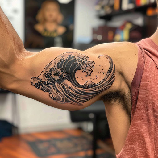 Minimalist wave tattoo on the bicep