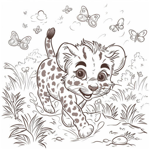 Cheetah cub playing with butterflies in a meadow