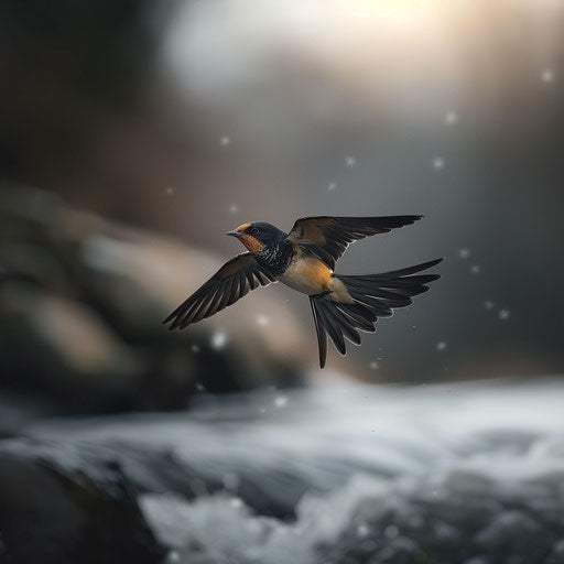 Barn swallow bird gliding over a river