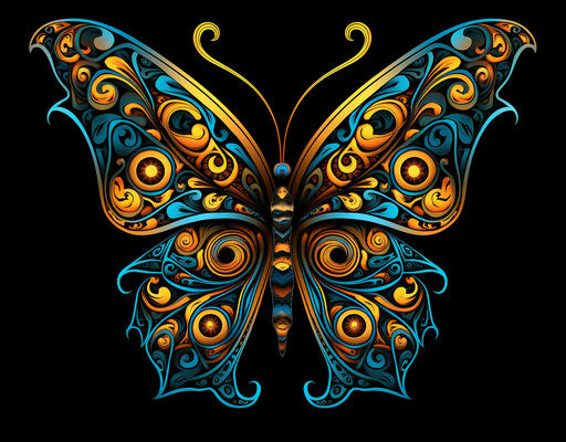 Blue yellow butterfly tattoo, dayak style art, turquoise