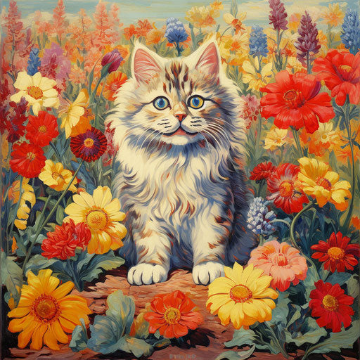 Louis Wain cat in flower bed with beautiful flowers