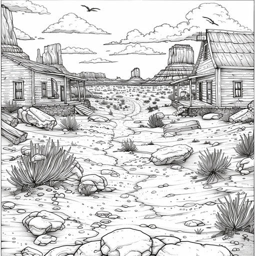 Desert with cowboy town and tumbleweeds