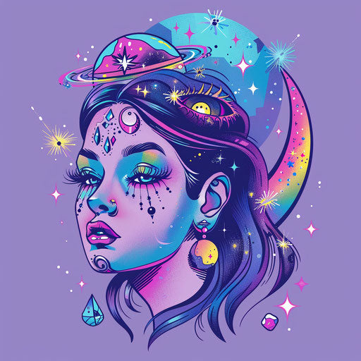 Girly tattoo sketch with cosmic elements and shimmering metallic colors