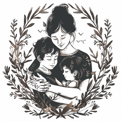 Flat tattoo sketch of three children in boho chic style