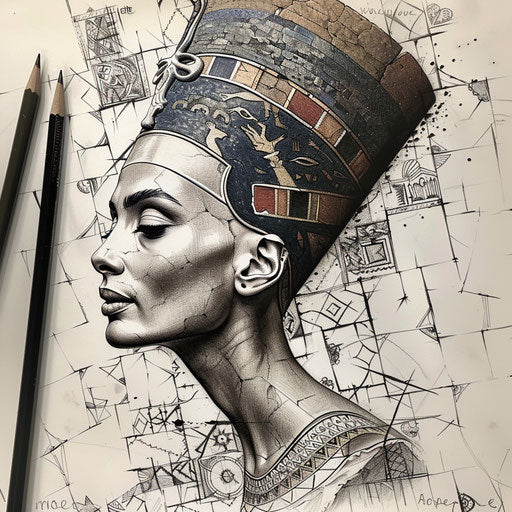 Flat tattoo sketch of Nefertiti with an intricate mosaic tile background