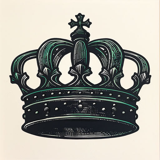 Old school tattoo style king crown with bold black outlines and deep green fillings on white canvas