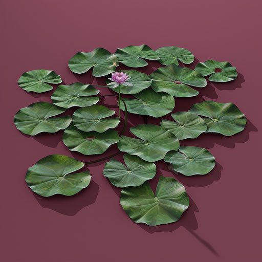 Realistic lily pad on burgundy background, luminous effect