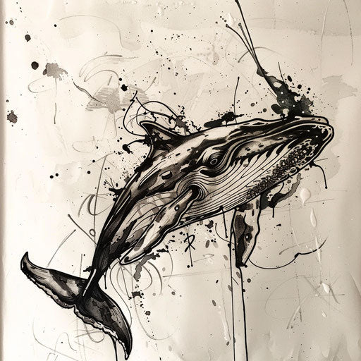 Contemporary sketch of a whale with abstract splatter and drip effects in black ink