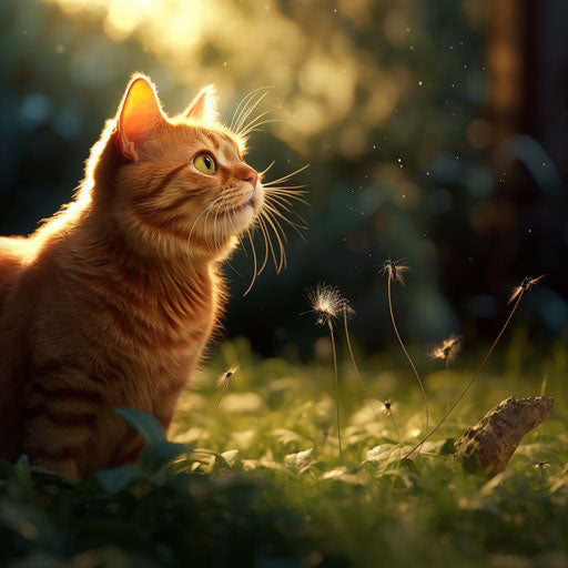 Ginger cat staring at an insect