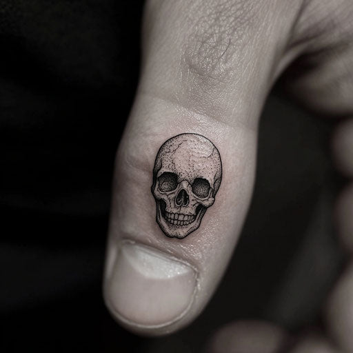 Tiny detailed skull tattoo on thumb